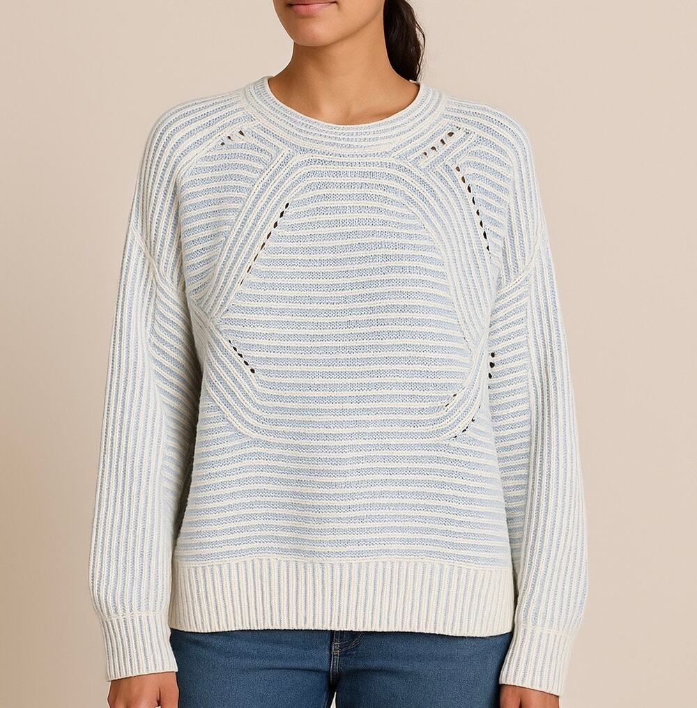 Line & Dot Blue White Textured Knit Pullover Sweater XS Oversized Slouchy Cozy